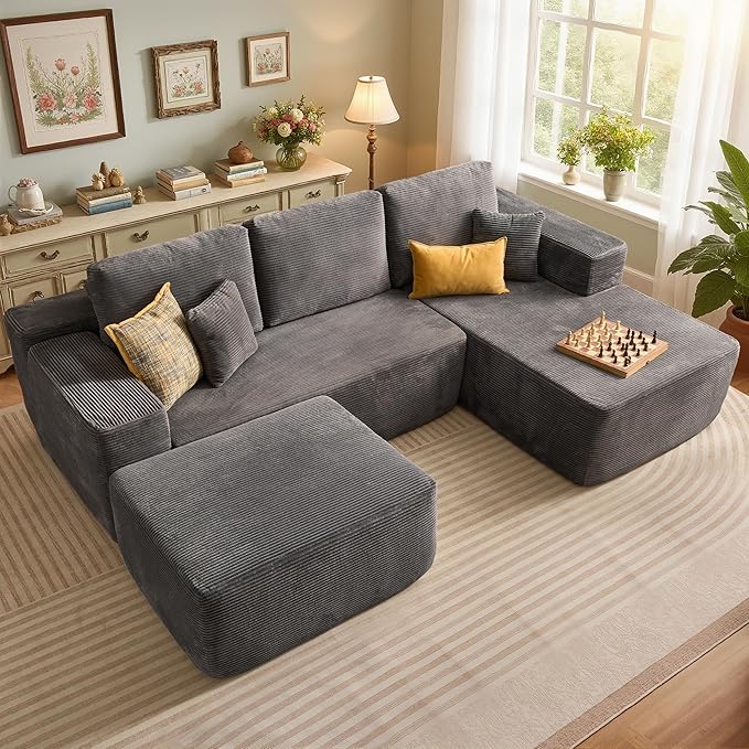 106" Cloud Sectional Couch with L-Shape Chaise & Ottoman, No Assembly Modular Sofa, Deep Seat Corduroy Boneless Couched for Living Room (Gray Stripe Corduroy, Right Facing Chaise with Ottoman)