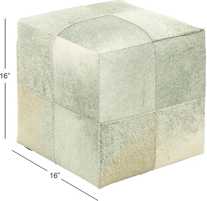 Deco 79 Leather Handmade Living Room Stool Cowhide Patchwork Ottoman, Foot Stool 16" x 16" x 16", Gray