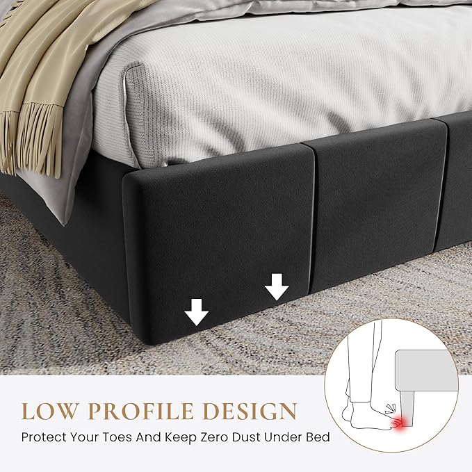 SHA CERLIN King Size Bed Frame, Velvet Upholstered Platform Bed, Vertical Channel Tufted Adjustable Headboard, Low Profile Bed Frame, No Box Spring Needed, Easy Assembly, Black