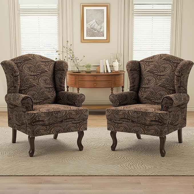 Pia Ricco High Back Floral Accent Chair, Upholstered Fabric Armchair with Solid Wood Legs - Retro Living Room Reading Chair, Comfortable Single Sofa Seat-Cranberry