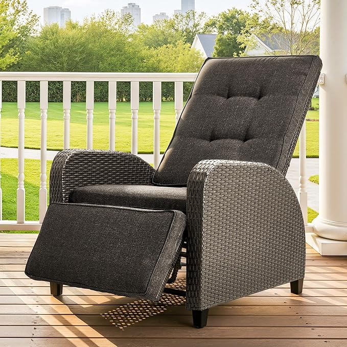 Green4ever Outdoor Patio Recliner with Independently Adjustable Backrest and Footrest, All-Weather Wicker Patio Chair, 160° Lay Flat Patio Reclining Lounge Chair for Backyard Garden, Grey