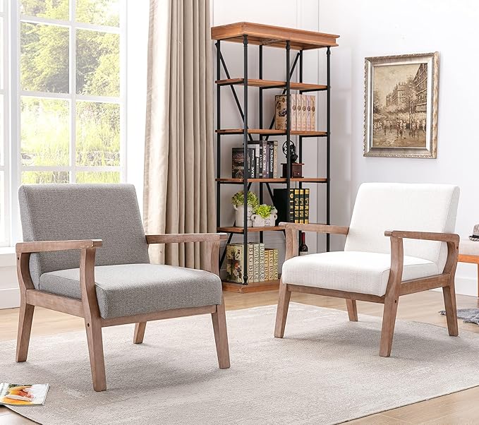 HNY Mid Century Modern Accent Chairs Set of 2 with Wood Frames, Linen Upholstered Living Room Arm Chairs for Living Room, Bedroom, Grey