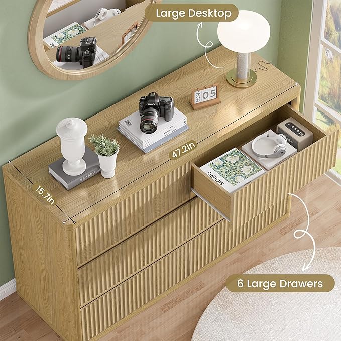 Fluted Dresser with 6 Drawers for Bedroom, 48" Wide Wooden Chest of Drawers with Natural Curved Profile Design, Modern Dresser TV Stand, Wood Closet Clothes Storage Organizer