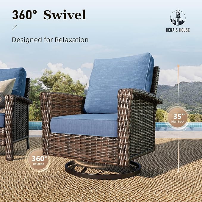HERA'S HOUSE Wicker Patio Furniture Set, 35" High Back Swivel Chairs with 5.5" Thick Cushions, 5 Pieces Outdoor Seating Furniture, Deck Conversation Set with Ottomans for Lawn Yard Porch, Blue
