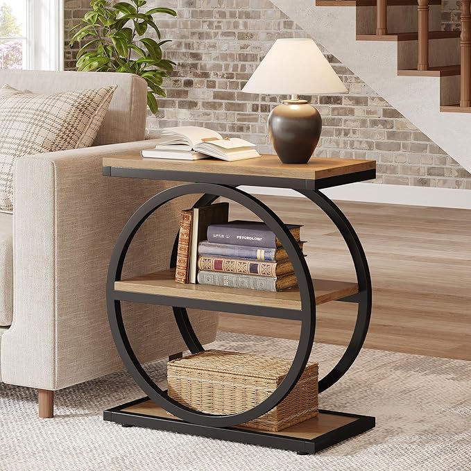 Tribesigns Side End Table with 3 Storage Shelves, Industrial Sofa Table with Round Metal Frame for Living Room, Engineered Wood Nightstand for Bedroom, Oak