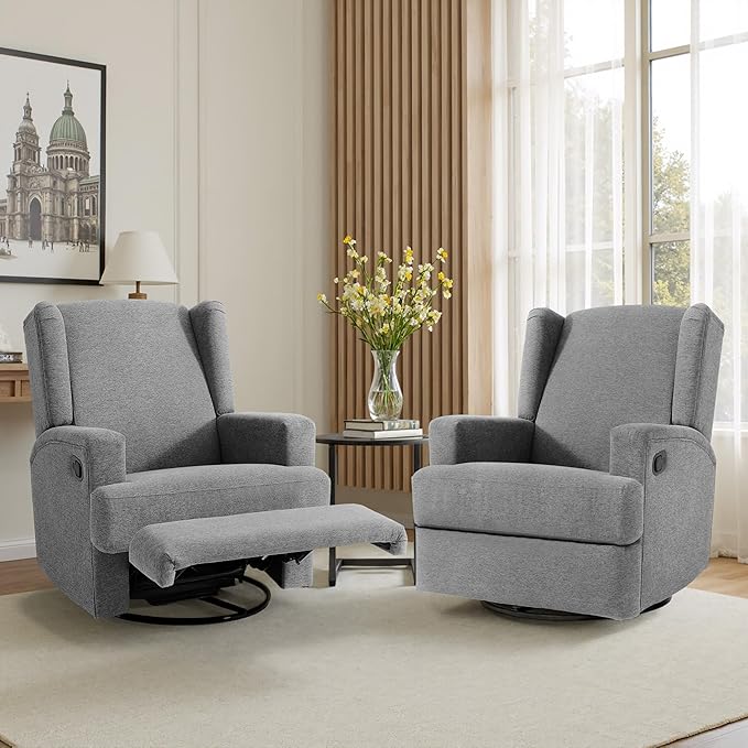 Swivel Glider Recliner Chair for Adults with Deep Seat - High Back Rocker Reclining Accent Chair, Manual Recliner for Living Room & Nursery, Comfortable Upholstered Fabric Armchair-Light Gray