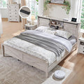 T4TREAM Farmhouse Queen Size Bed Frame w/Storage Bookcase Headboard, Sliding Barn Door, Charging Station, Rustic Wood Platform Bed w/Wood Slats Support, No Box Spring Needed, Antique Brush White