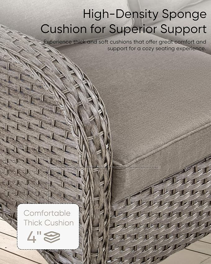 HUMMUH Outdoor Patio Couch-Outdoor Rattan Couch with Thick Cushions Outdoor Sofa for Deck Lawn Porch Balcony Poolside-Grey/Grey