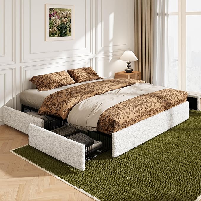 Allewie King Size Bed Frame with 4 Oversized Storage Drawers, Soft Teddy Fabric, Boucle Upholstered Platform Bed, Wooden Slats Support, Noise-Free, No Box Spring Needed, Easy Assembly, White