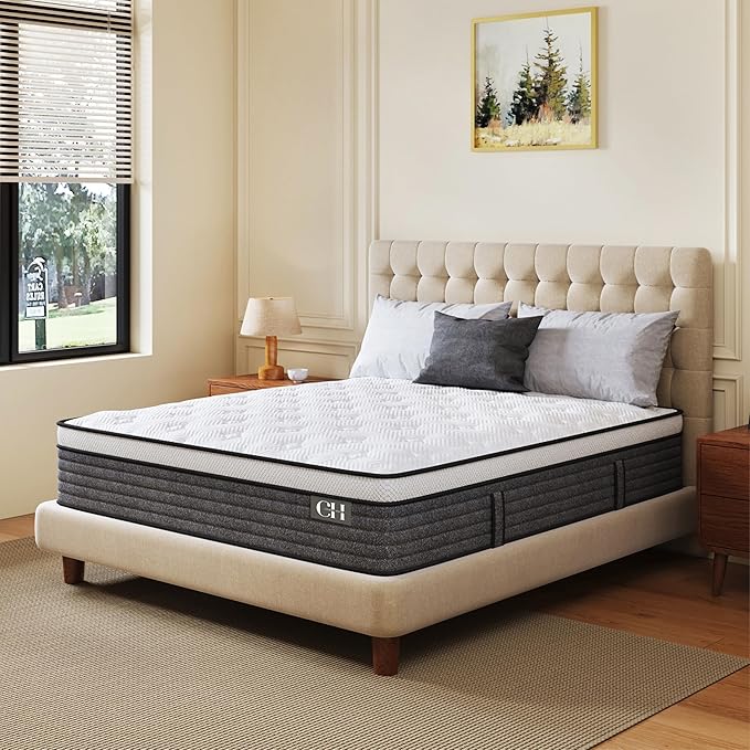 CH CHARME HOUSE King Size Mattress, 12 Inch Hybrid Mattress King Size, Medium Feel Foam and Individual Pocket Springs, Extra Edge Support, Pressure Relief, CertiPUR-US