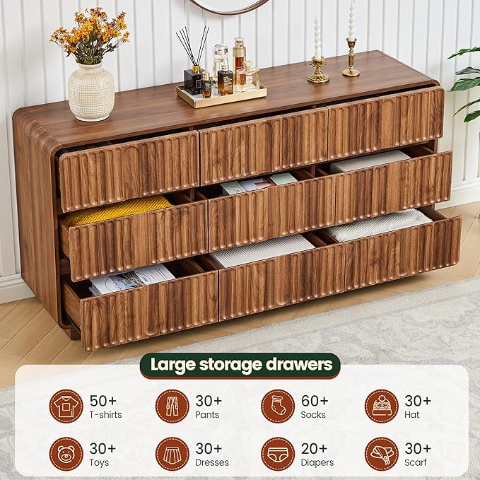 Fluted 9 Drawer Dresser for Bedroom, 60" Wide Modern Chest of Storage Drawers, Wood Dresser & Chest of Drawers with Curved Corners, Dressers TV Stand for Living Room (60" Walnut 9 Drawer)