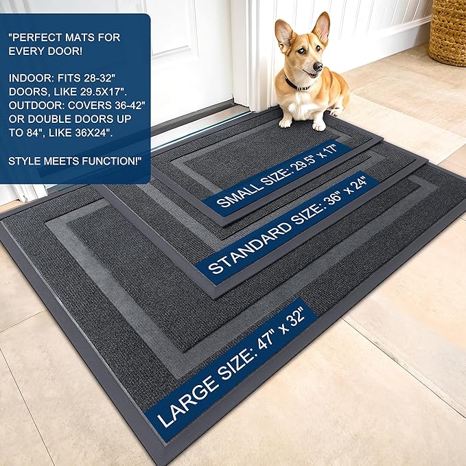 OLANLY Front Door Mat Indoor Outdoor Entrance, Waterproof All-Season, All-Weather Doormat, Sturdy Natural Rubber, Fade Resistant, Low Profile, Easy Clean Patio Porch Entryway Mat, 71x47, Grey