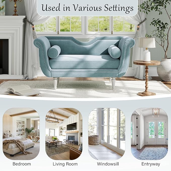 Christopher Knight Home Aurora Velvet Chaise Lounge Indoor with 2 Bolster Pillows, Upholstery Entryway Bench with Nailhead Trim & Curved Arms, End of Bed Bench Ottoman and Wooden Legs, Light Blue