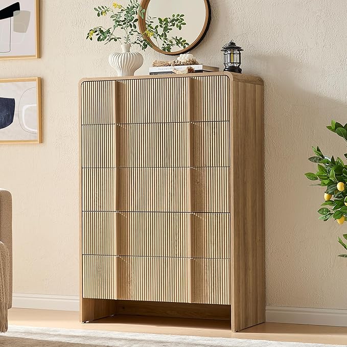AMERLIFE Fluted 5 Drawer Dresser, 48" Tall Modern Chest of Storage Drawers with Pine Handles, Rounded Corners & Anti-Tip Design, Wood Closet Organizer for Bedroom, Living Room, Nursery, Natural Oak