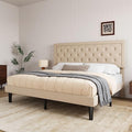 Allewie King Size Fabric Upholstered Bed Frame with Diamond Button Tufted/Adjustable Headboard/Wood Slat Support/Mattress Foundation/Beige