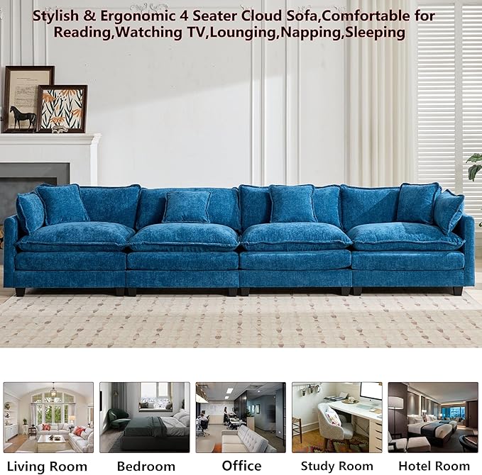 Aoowow Modular Sectional 4 Seater Cloud Sofa Couch for Living Room,149.6" Cloud Sofas with Deep Seat,Modern Chenille 4 Seat Sofas,Fluffy Cloud Couches for Bedroom,Office,Hotel (Blue, 4 Seater)