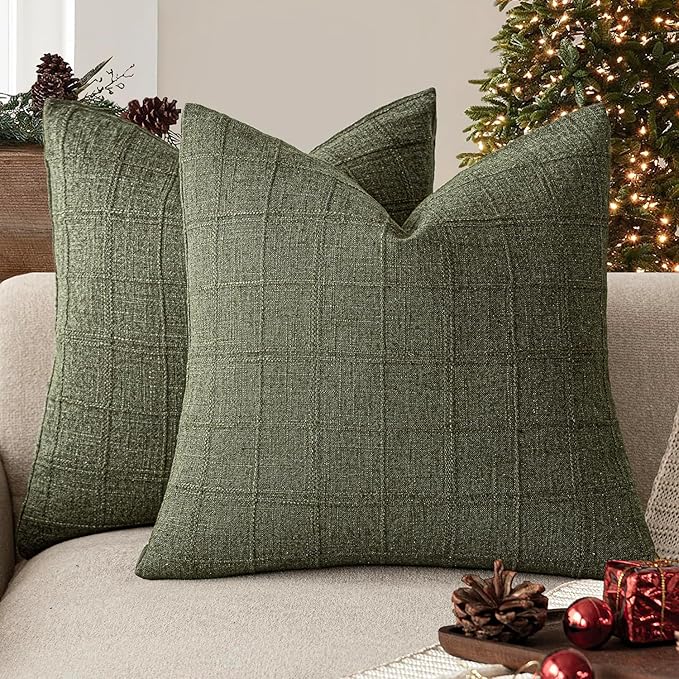 Foindtower Set of 2 Decorative Linen Check Throw Pillow Covers Neutral Farmhouse Vintage Cushion Covers Modern Boho Home Decor for Sofa Chair Couch Bedroom Living Room,18×18 Inch,Olive Green