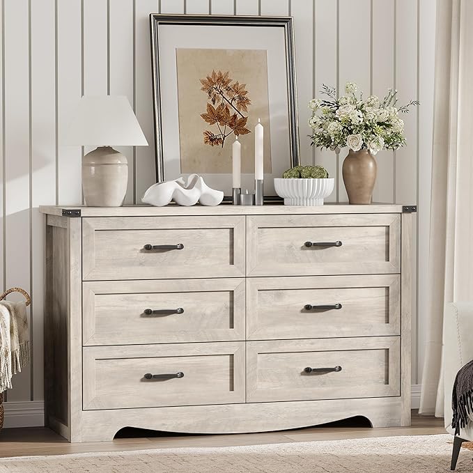 Dresser for Bedroom with 6 Drawers, 48" Wide Wood Chest of Drawers with Deep Drawers & Mental Handle, Modern Dresser TV Stand, Wooden Closet Storage Organizer for Living Room, Hallway, Entryway, Grey