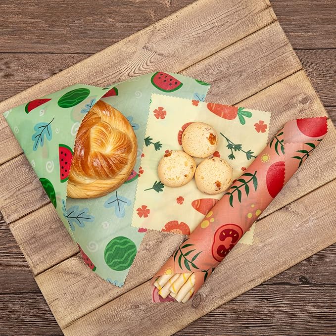 Akeeko Reusable Beeswax Food Wraps - Assorted 9 Packs, Reusable, Plastic-Free Food Storage, 5 Small, 2 Medium, 1 Large, 1 Extra Large Wraps with Cute Fruits Pattern