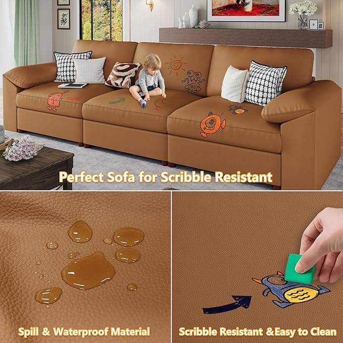 EASE MOOSE Oversized Corner Modular Sectional Sofa, Faux Leather Sectional Sofa with Deep Seat, Scratch Resistant Faux Leather Material, Extra Large L Shaped Couch, Brown