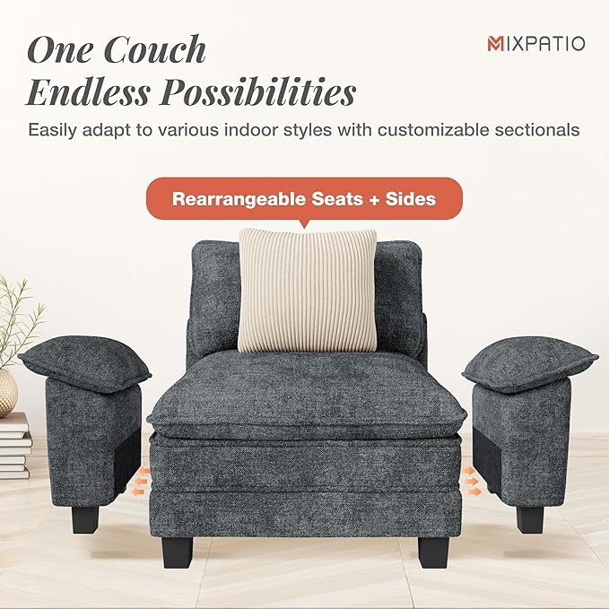 U-Shaped Cloud Modular Sofa Set, Deep Seat 3-Piece 6-Seater Sectional Couch & Removable Arms, Plush Chenille for Living Room - Cyan