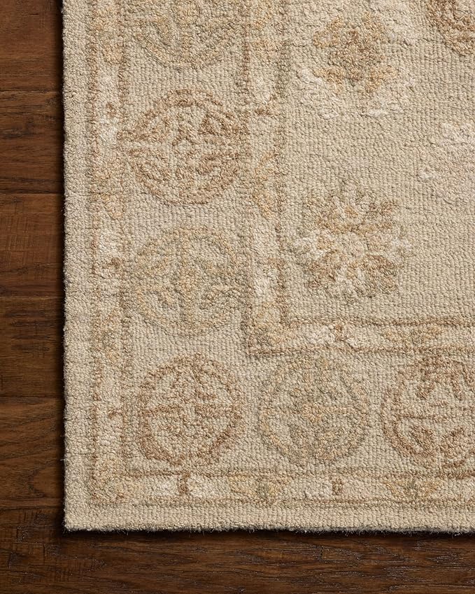 Loloi Chris Loves Julia Dorothea Collection DRT-03 Dove/Natural 2'-6" x 9'-9" Runner Rug Wool Neutral Floral Living Room Bedroom Carpet