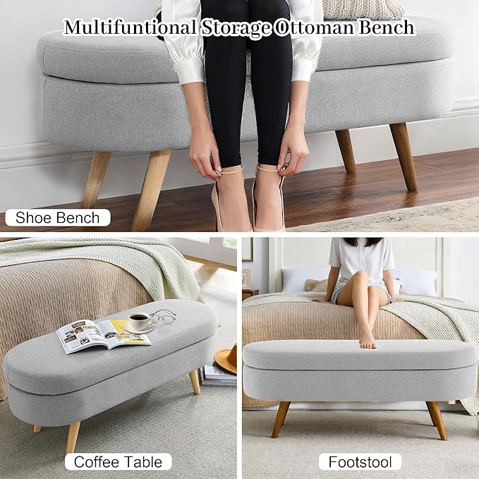 Storage Ottoman Bench 43" Storage Bench for Bedroom, Upholstered Soft Boucle Fabric End of Bed with Safety Hinge Solid Wood Legs Foot Stool Benches for Hallway,Closet,Oval, Entryway, Grey