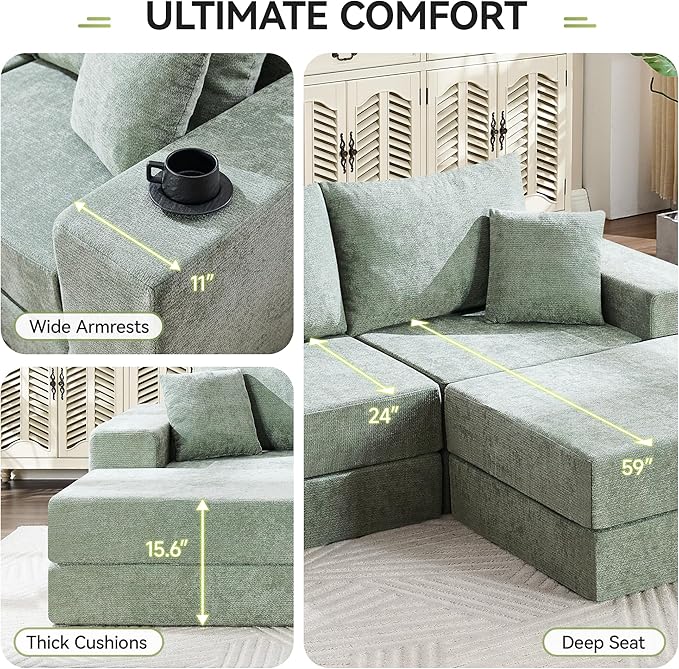79" Boneless Loveseat Sofa Couch, Modular Foldable Floor Cloud Sofa with Ottoman, Lounge Convertible Sofa Bed for Living Room, No Assembly, Chenille Green