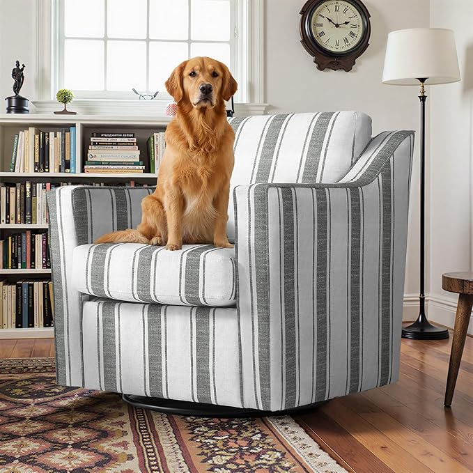 Pia Ricco 360° Swivel Accent Chair, Oversized Modern Striped Fabric Armchair with Removable Cover for Living Room and Reception