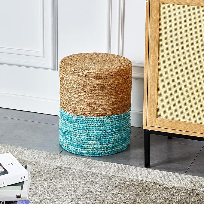 Wimarsbon Ottoman Poof, Natural Seagrass Poufs, Hand Weave Round Footstool, Pouffe Accent Chair, Sitting Braided Footrest W/Jute Cover, Outdoor Ottoman, for Living Room, Bedroom