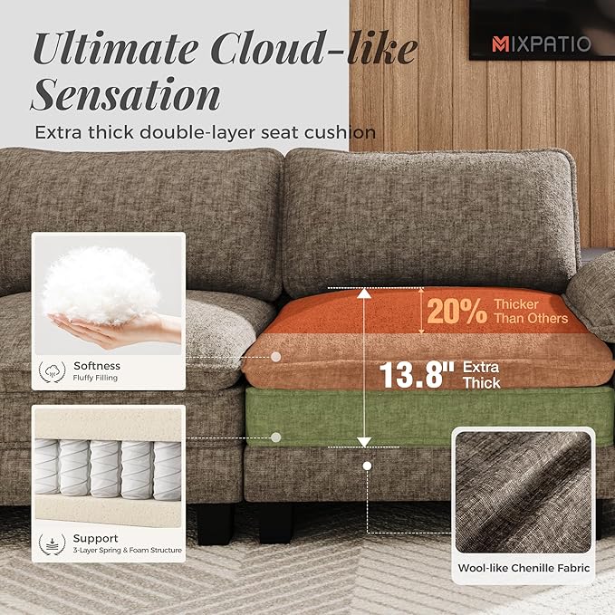 L-Shaped Cloud Modular Sofa Set, Deep Seat 3-Piece 5-Seater Sectional Couch & Removable Arms, Plush Chenille for Living Room - Smoky Gray