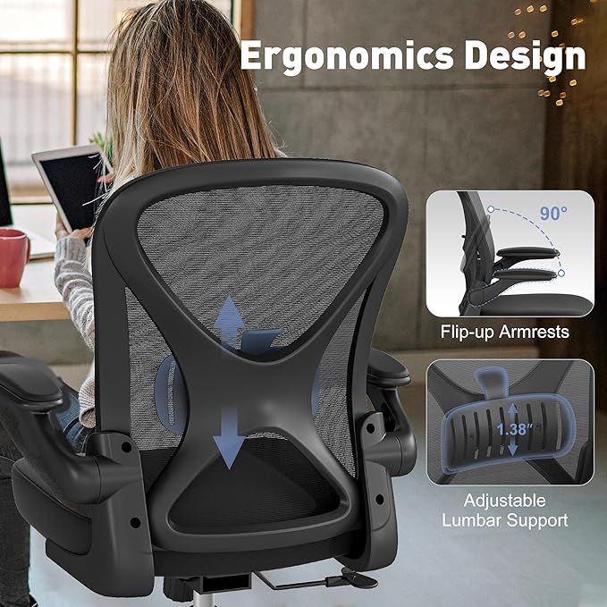 ZZH Ergonomic Office Chair with Adjustable Lumbar Support, Mesh Home Office Desk Chair with Wheels and Flip-up Arms, Black