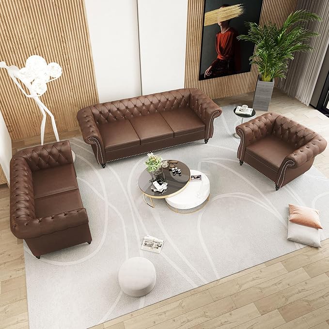 2 Piece Living Room Sofa Set, 3 Seater Faux Leather Sofa Couch and Chair Set, Mid Century Modern Upholstered Couch with Cushions, Vintage Comfy Tufted Chesterfield Couches for Bedroom, Office (Brown)
