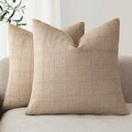 Foindtower Set of 2 Decorative Linen Check Throw Pillow Covers Neutral Farmhouse Vintage Cushion Covers Modern Coastal Boho Home Decor for Sofa Chair Couch Bedroom Living Room,18×18 Inch,Camel