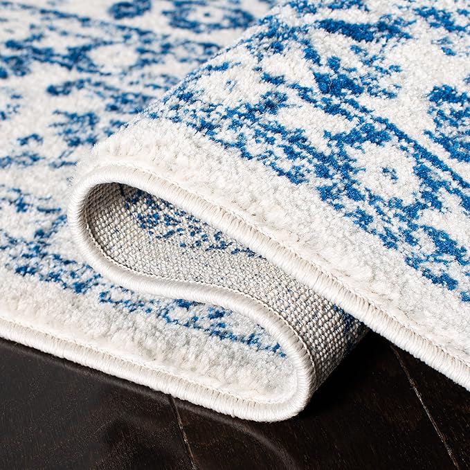 SAFAVIEH Evoke Collection Area Rug - 6'7" Square, Ivory & Navy, Distressed Design, Non-Shedding & Easy to Clean, Ideal for Living Room, Bedroom, Dining Space (EVK256N)
