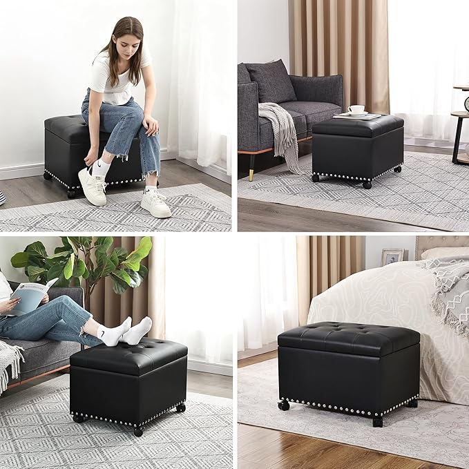 Leather Storage Ottoman Bench with 360° Caster Wheels, 24" Black Rectangle Rolling Ottoman with Storage, Foot Rest Bench Rectangle Ottomans Stool for Living Room Bedroom