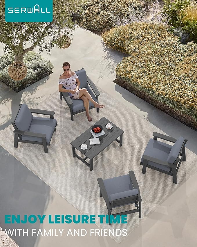 SERWALL Outdoor Patio Furniture Set, 5 Piece HDPE Patio Conversation Sets, All-Weather Wood-Like Outdoor Couch Loveseat and Coffee Table with Thick Cushions for Porch Balcony Garden Backyard