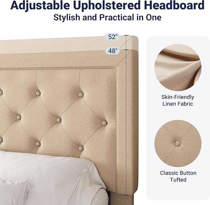 Allewie King Size Fabric Upholstered Bed Frame with Diamond Button Tufted/Adjustable Headboard/Wood Slat Support/Mattress Foundation/Beige