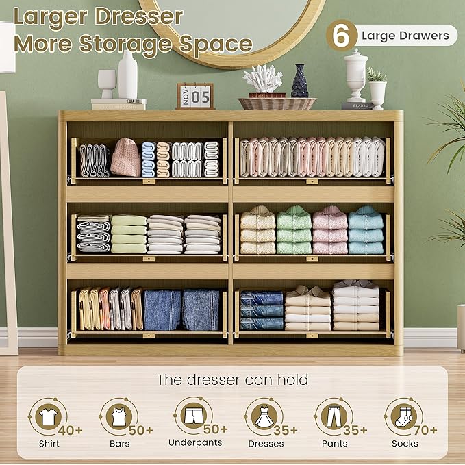 Fluted Dresser with 6 Drawers for Bedroom, 48" Wide Wooden Chest of Drawers with Natural Curved Profile Design, Modern Dresser TV Stand, Wood Closet Clothes Storage Organizer