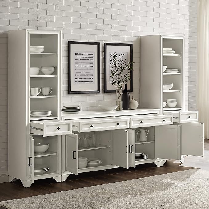 Crosley Furniture Tara 3-Piece Modern Farmhouse Sideboard Buffet Cabinet and Bookcase Set with Storage, Distressed White