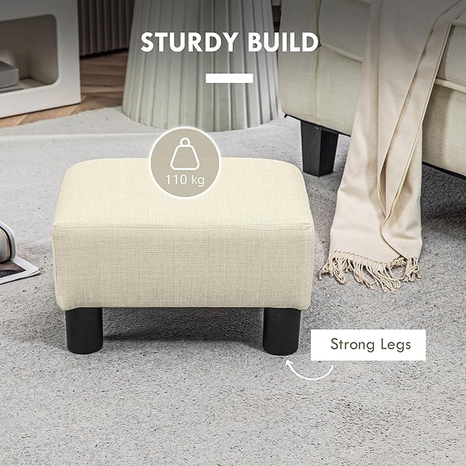 HOMCOM Ottoman Foot Rest, Small Foot Stool with Linen Fabric Upholstery and Plastic Legs, Cube Ottoman for Living Room, Beige