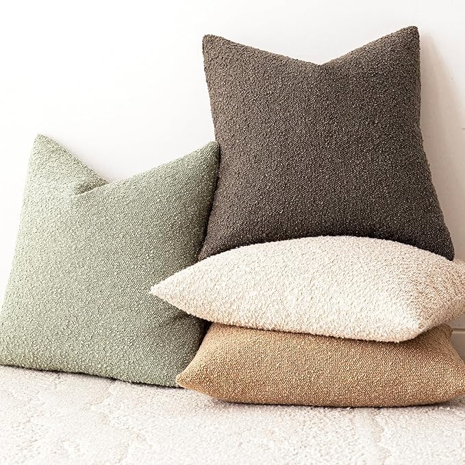 Foindtower Pack of 2 Textured Boucle Throw Pillow Covers Accent Solid Pillow Cases Cozy Soft Decorative Couch Cushion Case for Chair Sofa Bedroom Living Room Home Decor 18x18 Inch Dirty Sage Green