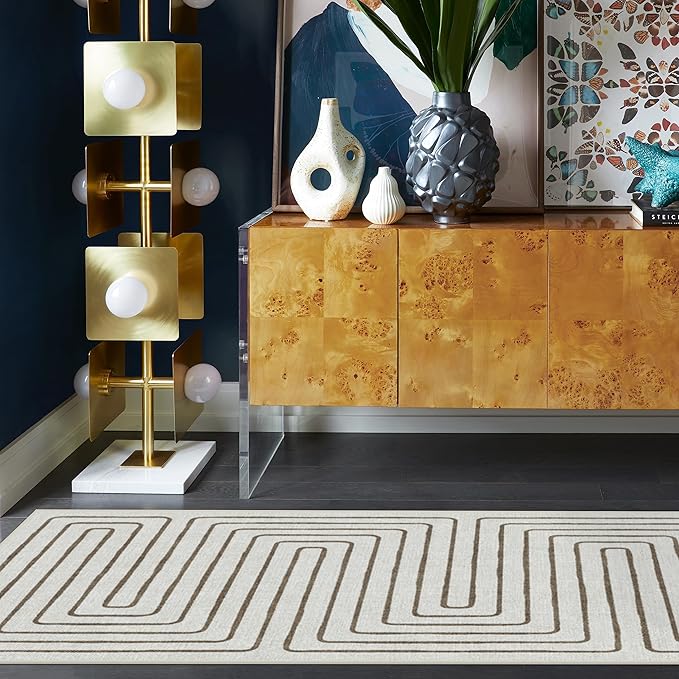 RUGGABLE x Jonathan Adler Machine Washable Modern Runner Rug – Labyrinth Camel/Ivory 2.5x7, Stain-Resistant, Non-Slip – Washable Rug for Hallway, Entryway, Living Room & Kitchen–with Standard Pad