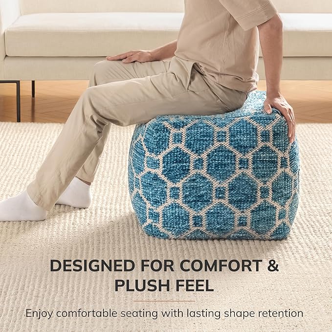 Anji Mountain 100% Handmade & Handcrafted Comfortable Home Décor Pouf Ottoman Footrest for Living Room, Bedroom, Nursery, Kidsroom, Patio Furniture - (20" x 20" x 20" - Blue)