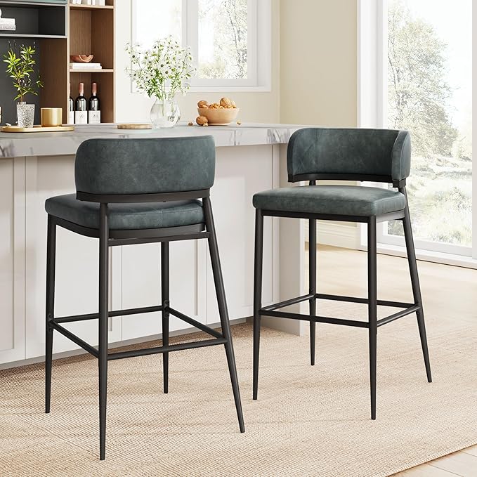 Christopher Knight Home Ebany Barstools Set of 2, Metal Frame Counter Stools, Upholstered Kitchen Chair, Curved Back Support Bistro Chairs, 30" H Island Stool for Dining Kitchen Cafeteria, Dark Green