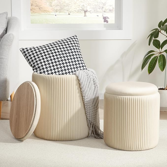 Royal Windsor Round Ottoman with Storage Set of 2,Vanity Stool with Storage for Bedroom, Ottoman Coffee Table,Small Velvet Foot Stool for Living Room, Beige
