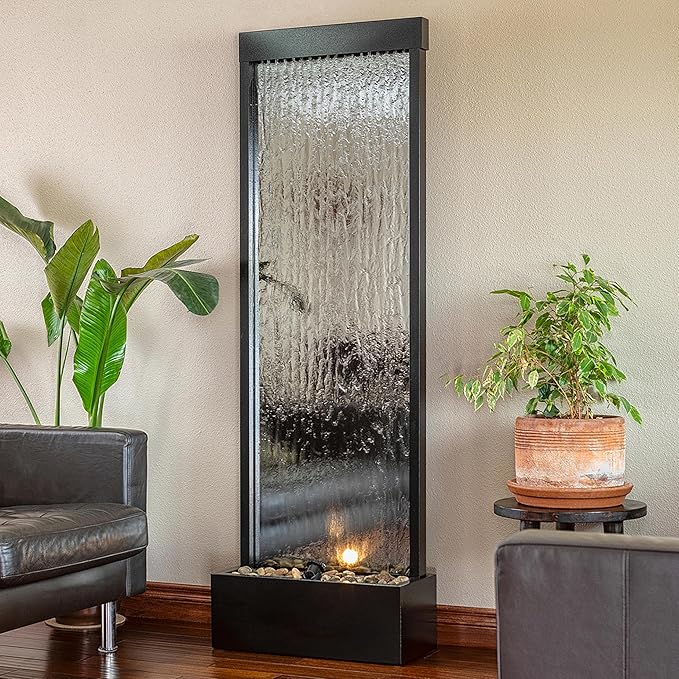 Alpine Corporation Mirror Waterfall Fountain with Stones and Lights - Zen Indoor/Outdoor Decor for Office, Living Room, Patio, Entryway - 72 Inches