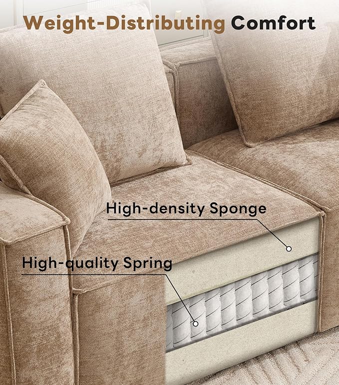 WILLOVE Modular Sectional Sofa Set, Chenille Cloud Couch with Wide Armrests & 8 Pillows, Deep Seat Couches for Living Room, 2+4-Seater Khaki