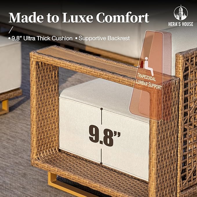HERA'S HOUSE 2 Pieces Patio Furniture Set, Outdoor Rattan Wicker Armchairs Set of 2, All Weather Patio Conversation Set with 5.3" Widened Armrest, 10" Ultra Thick Comfy Sponge Cushion, Backyard Couch