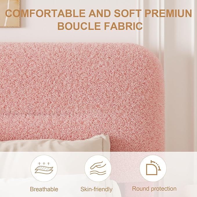 Full Size Cloud Bed Frame, Upholstered Boucle Platform Bed with Adjustable Headboard, Anti-Collision Soft Rounded Corners, Noise Free, Easy Assembly, Pink
